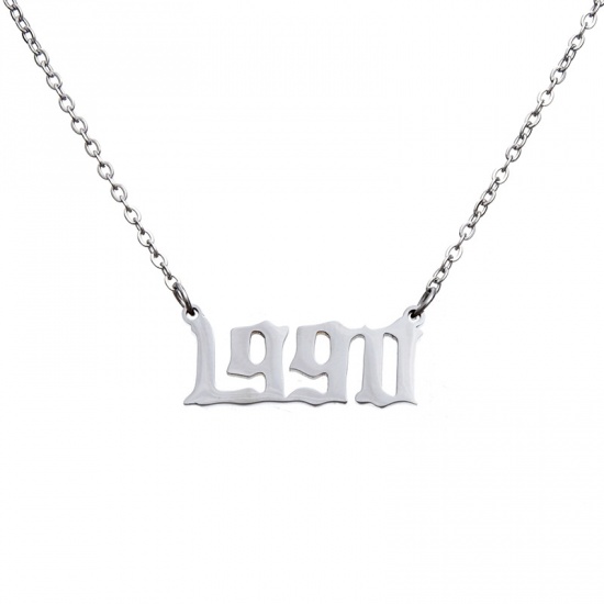 Picture of Stainless Steel Year Necklace Silver Tone Number Message " 1990 " 45cm(17 6/8") long, 1 Piece