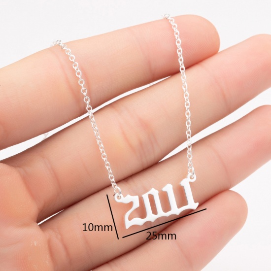 Picture of Stainless Steel Year Necklace Silver Tone Number Message " 1990 " 45cm(17 6/8") long, 1 Piece