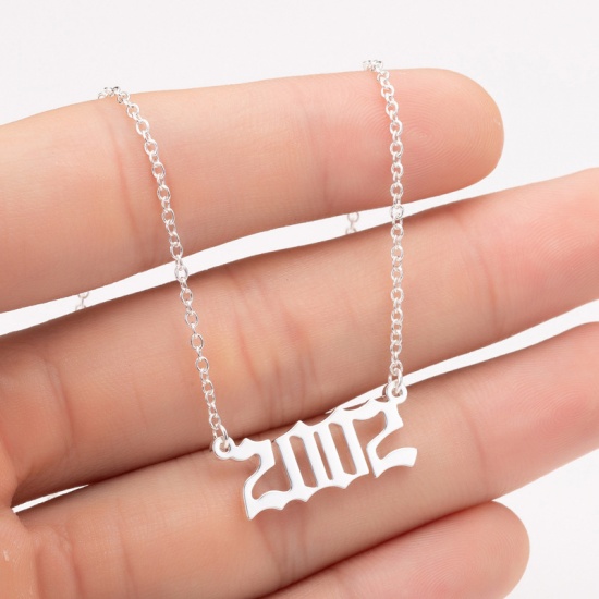 Picture of Stainless Steel Year Necklace Silver Tone Number Message " 2002 " 45cm(17 6/8") long, 1 Piece