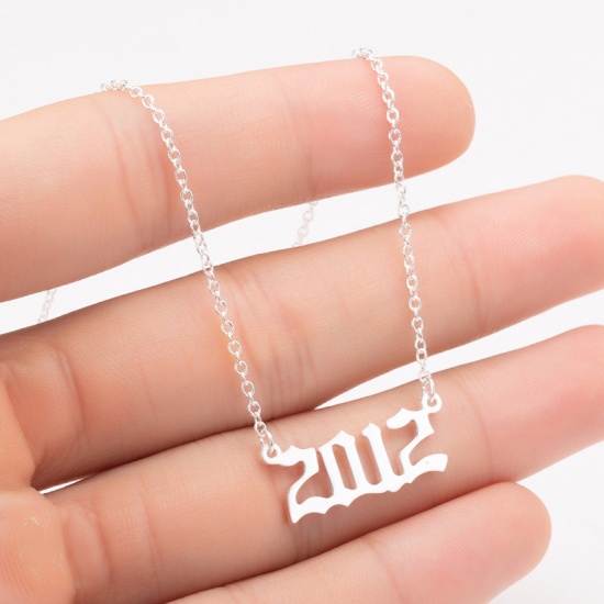 Picture of Stainless Steel Year Necklace Silver Tone Number Message " 2012 " 45cm(17 6/8") long, 1 Piece