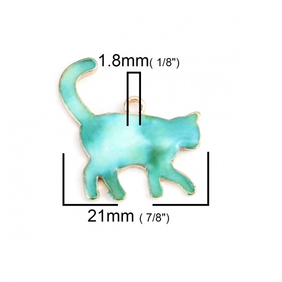 Изображение Цинковый Сплав Подвески Кошка Позолоченный Зеленый С Эмалью 21мм x 19мм, 10 ШТ