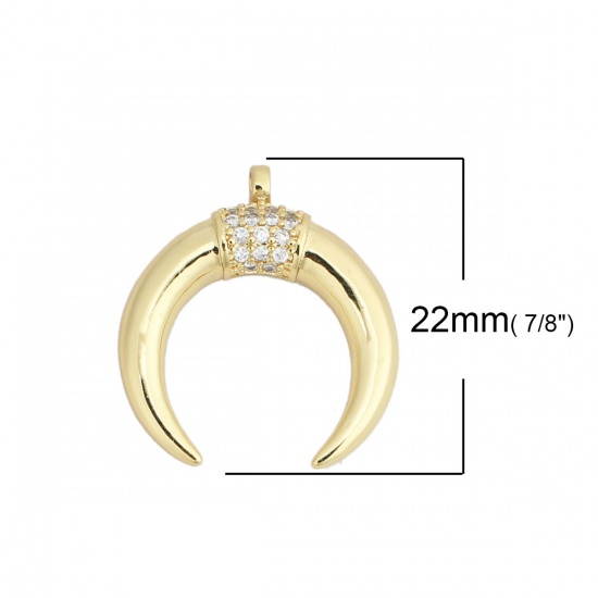 Picture of Brass Boho Chic Bohemia Charms Gold Plated Horn-shaped Micro Pave Clear Rhinestone 22mm x 20mm, 1 Piece                                                                                                                                                       