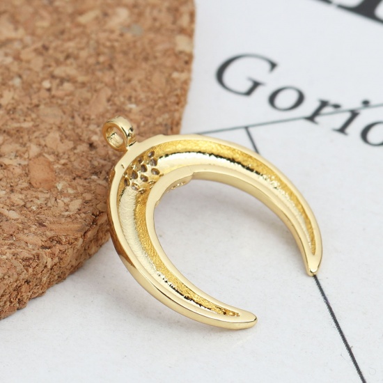 Picture of Brass Boho Chic Bohemia Charms Gold Plated Horn-shaped Micro Pave Clear Rhinestone 22mm x 20mm, 1 Piece                                                                                                                                                       