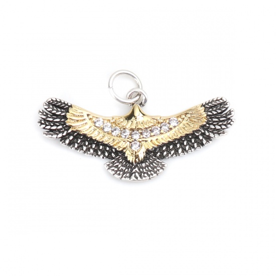 Picture of Brass Charms Antique Silver Color Eagle Animal Micro Pave Clear Rhinestone 27mm x 16mm, 1 Piece                                                                                                                                                               