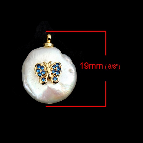 Picture of Pearl & Copper Insect Charms Round Gold Plated White Butterfly Blue Rhinestone Micro Pave 18mm x 14mm, 1 Piece