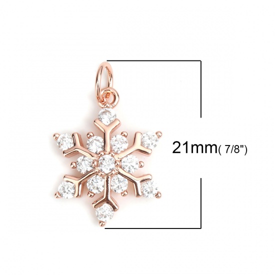 Picture of Brass Christmas Charms Rose Gold Christmas Snowflake Micro Pave Clear Rhinestone 21mm x 14mm, 1 Piece                                                                                                                                                         