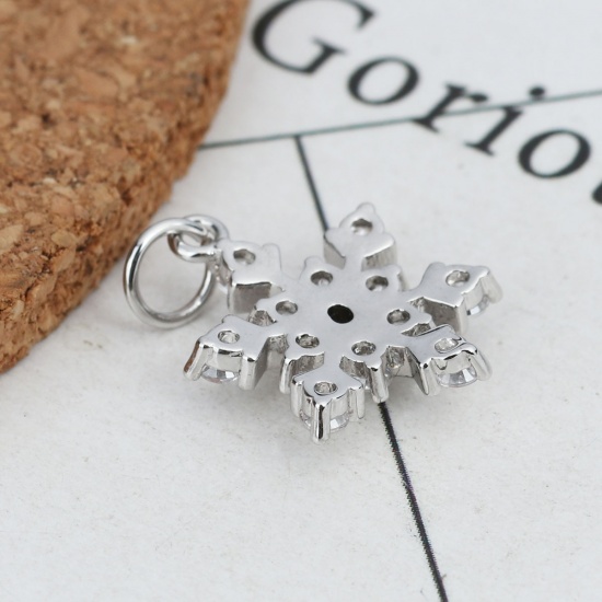 Picture of Brass Christmas Charms Silver Tone Christmas Snowflake Micro Pave Clear Rhinestone 21mm x 14mm, 1 Piece                                                                                                                                                       