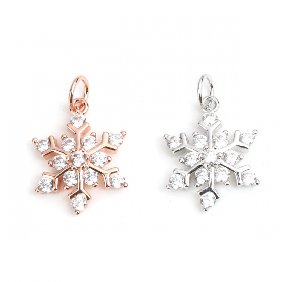 Picture of Brass Christmas Charms Silver Tone Christmas Snowflake Micro Pave Clear Rhinestone 21mm x 14mm, 1 Piece                                                                                                                                                       