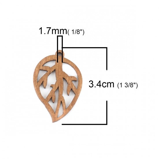 Picture of Natural Wood Pendants Leaf Light Coffee Hollow 34mm x 23mm, 20 PCs