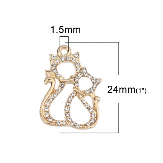 Picture of Zinc Based Alloy Charms Cat Animal Gold Plated Clear Rhinestone 24mm x 17mm, 2 PCs