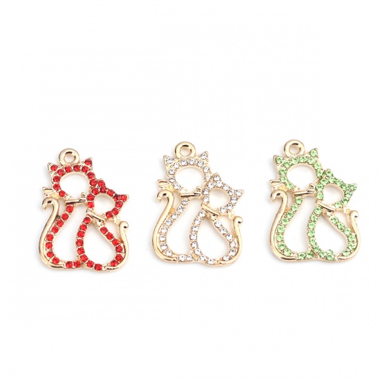 Picture of Zinc Based Alloy Charms Cat Animal Gold Plated Clear Rhinestone 24mm x 17mm, 2 PCs