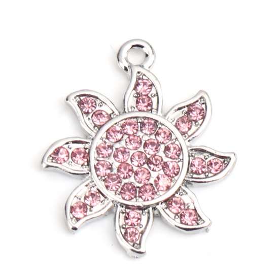 Picture of Zinc Based Alloy Galaxy Charms Sun Silver Tone Pink Rhinestone 22mm x 19mm, 2 PCs