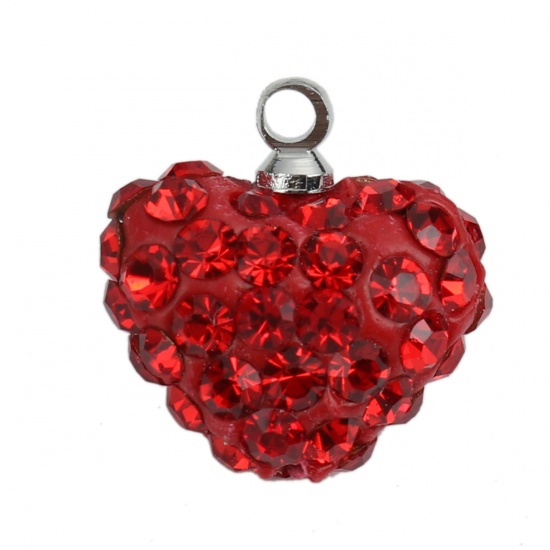 Picture of Polymer Clay Charms Heart Silver Tone Red Rhinestone 15mm x 14mm, 5 PCs