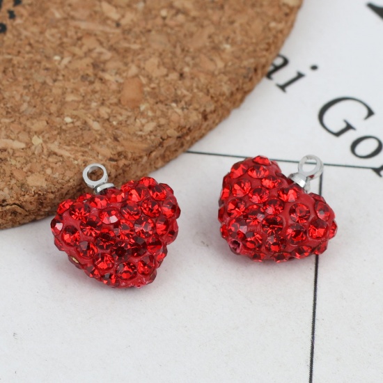 Picture of Polymer Clay Charms Heart Silver Tone Red Rhinestone 15mm x 14mm, 5 PCs