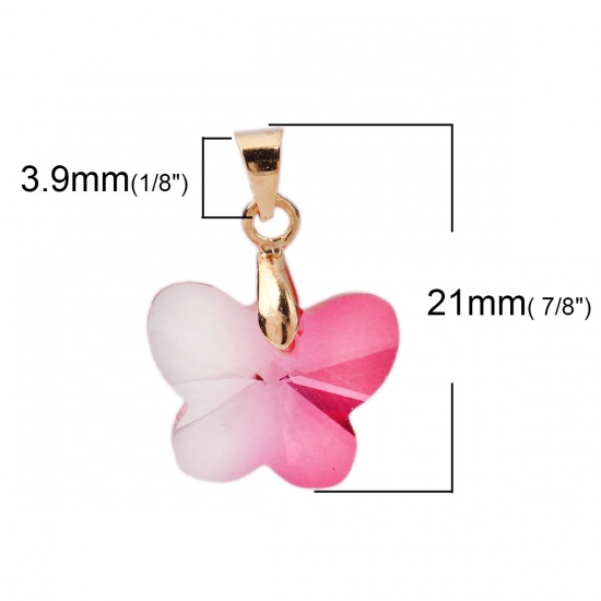 Picture of 2 PCs Glass Insect Charm Pendant Butterfly Animal Gold Plated Fuchsia Faceted 21mm x 15mm