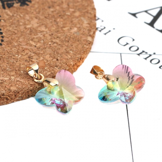 Picture of 2 PCs Glass Insect Charm Pendant Butterfly Animal Gold Plated Yellow & Blue Faceted 21mm x 15mm