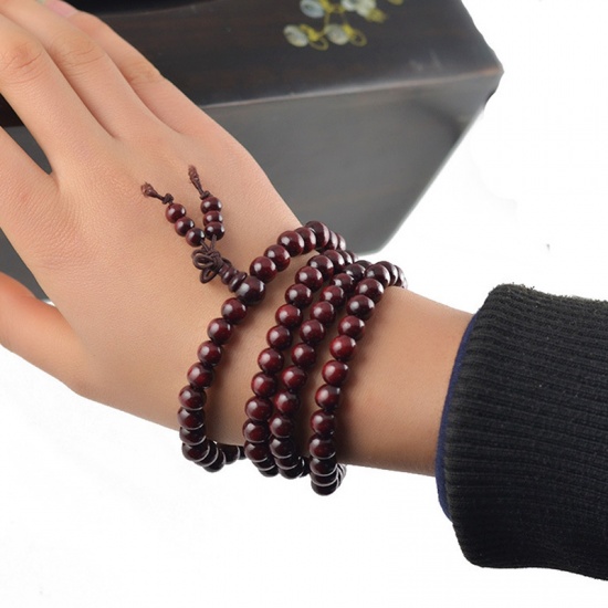 Picture of Imitation Schima Superba Wood Multilayer Dainty Bracelets Delicate Bracelets Beaded Bracelet Burgundy Round Chinese Knot 65cm(25 5/8") long, 1 Piece