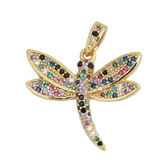 Imagen de 1 Unidad Latón Insecto Colgantes Charms Libélula Chapado en Oro de 18K Micro Pave Multicolor Rhinestone 24mm x 21mm