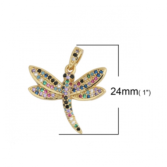 Imagen de 1 Unidad Latón Insecto Colgantes Charms Libélula Chapado en Oro de 18K Micro Pave Multicolor Rhinestone 24mm x 21mm