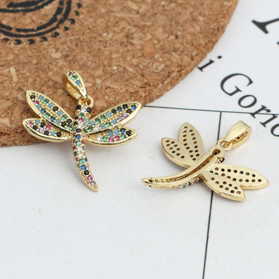 Imagen de 1 Unidad Latón Insecto Colgantes Charms Libélula Chapado en Oro de 18K Micro Pave Multicolor Rhinestone 24mm x 21mm