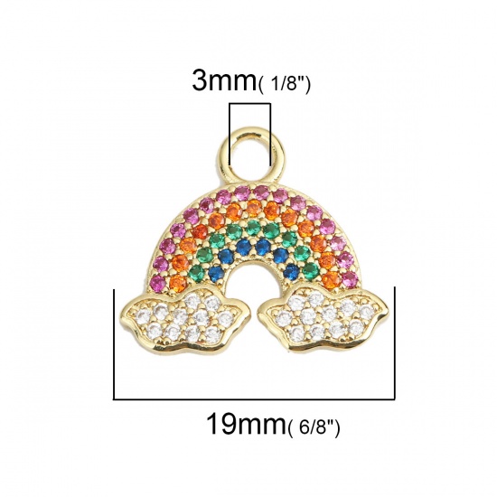 Immagine di 1 Pz Ottone Tempo Collezione Ciondoli Arcobaleno Placcato Oro 18K Micro Spianare Multicolore Strass 19mm x 17mm