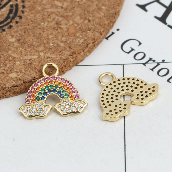 Immagine di 1 Pz Ottone Tempo Collezione Ciondoli Arcobaleno Placcato Oro 18K Micro Spianare Multicolore Strass 19mm x 17mm