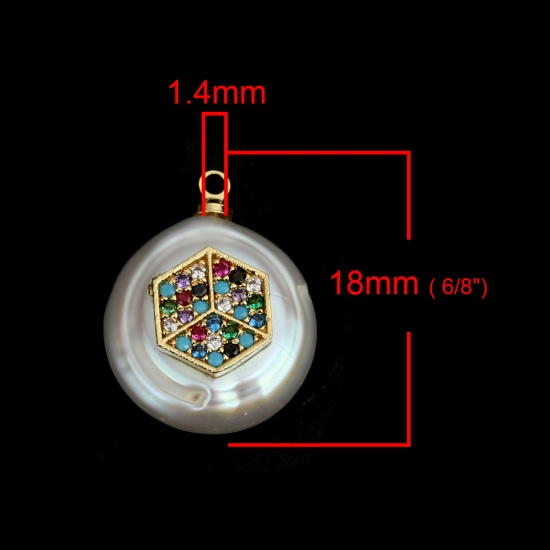 Picture of Pearl & Copper Charms Round Gold Plated White Geometric Multicolor Rhinestone Micro Pave 18mm x 14mm, 1 Piece