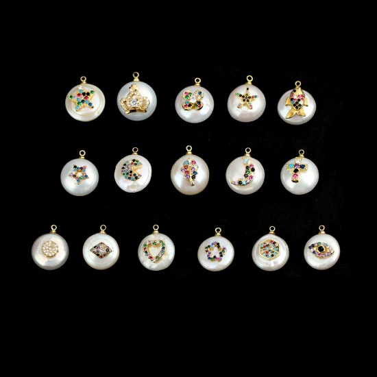 Picture of Pearl & Copper Charms Round Gold Plated White Geometric Multicolor Rhinestone Micro Pave 18mm x 14mm, 1 Piece
