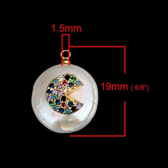 Picture of Pearl & Copper Charms Fan-shaped Gold Plated White Round Multicolor Rhinestone Micro Pave 19mm x 15mm, 1 Piece
