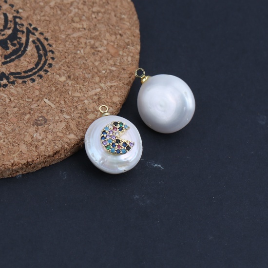 Picture of Pearl & Copper Charms Fan-shaped Gold Plated White Round Multicolor Rhinestone Micro Pave 19mm x 15mm, 1 Piece