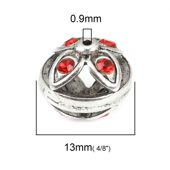 Picture of Zinc Based Alloy Spacer Beads Round Antique Silver Color Flower Red Rhinestone Hollow About 13mm Dia., Hole: Approx 0.9mm, 5 PCs