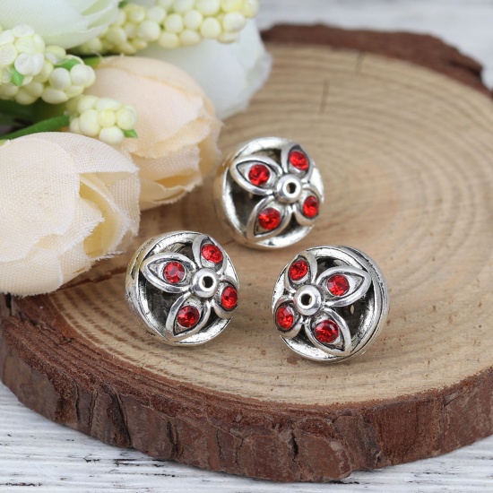 Picture of Zinc Based Alloy Spacer Beads Round Antique Silver Color Flower Red Rhinestone Hollow About 13mm Dia., Hole: Approx 0.9mm, 5 PCs