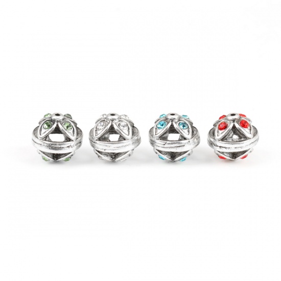 Picture of Zinc Based Alloy Spacer Beads Round Antique Silver Color Flower Red Rhinestone Hollow About 13mm Dia., Hole: Approx 0.9mm, 5 PCs