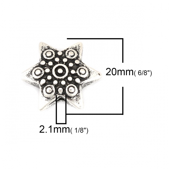 Изображение Цинковый Сплав Бусины Звезда Античное Серебро Круг Резные Около 20мм x 17мм, Отверстие:примерно 2.1мм, 5 ШТ