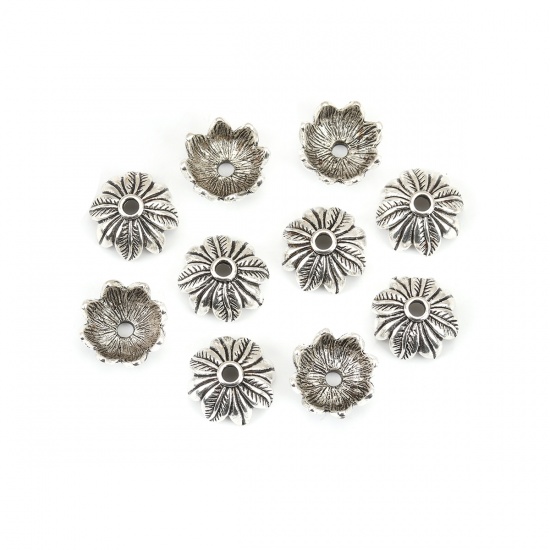 Immagine di Lega di Zinco Coppette Copriperla Fiore Argento Antico (Addetti 18mm Perline) 18mm x 18mm, 10 Pz