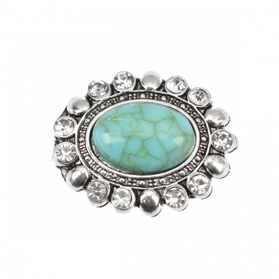 Picture of Zinc Based Alloy & Acrylic Boho Chic Bohemia Connectors Oval Antique Silver Color Green Blue Clear Rhinestone 25mm x 20mm, 2 PCs