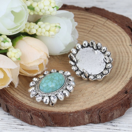Picture of Zinc Based Alloy & Acrylic Boho Chic Bohemia Connectors Oval Antique Silver Color Green Blue Clear Rhinestone 25mm x 20mm, 2 PCs