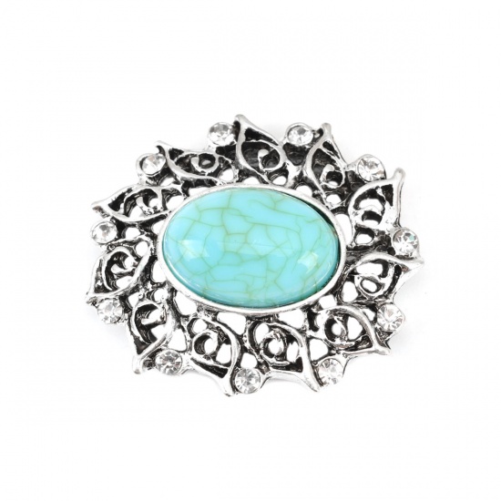 Immagine di Lega di Zinca + Acrilato Stile Bohemien Connettore Accessori Fiore Argento Antico Verde Blu Filigrana Trasparente Strass 35mm x 30mm, 2 Pz