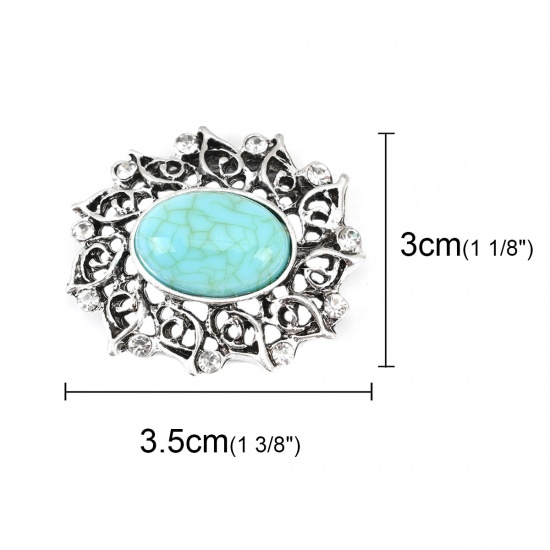 Immagine di Lega di Zinca + Acrilato Stile Bohemien Connettore Accessori Fiore Argento Antico Verde Blu Filigrana Trasparente Strass 35mm x 30mm, 2 Pz