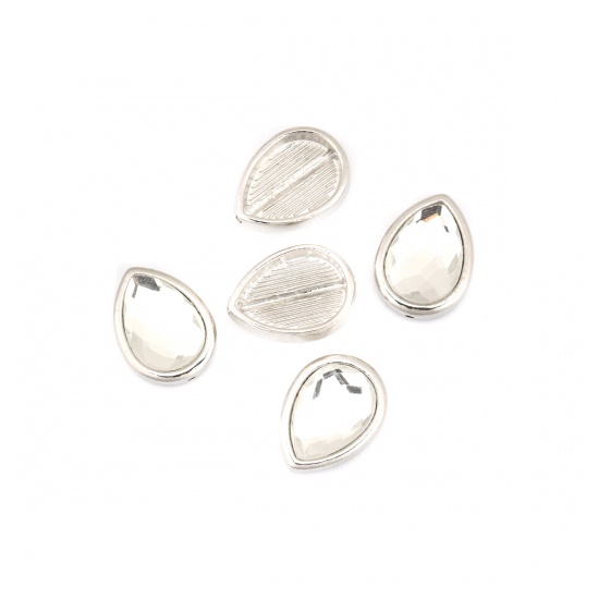 Picture of Zinc Based Alloy Spacer Beads Drop Silver Tone Clear Rhinestone About 17mm x 13mm, Hole: Approx 1mm, 5 PCs