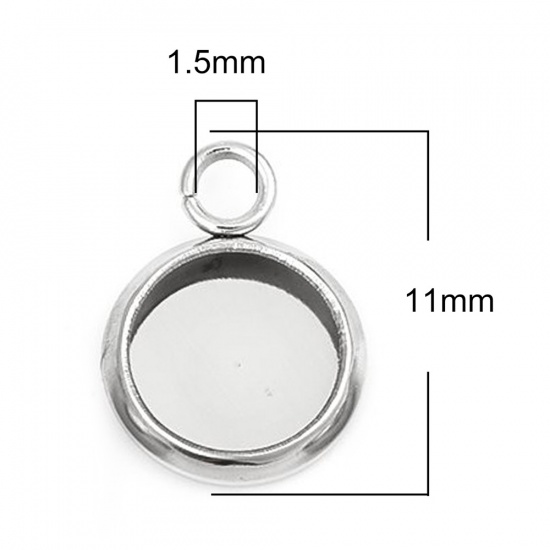 Picture of 304 Stainless Steel Charms Round Silver Tone Cabochon Settings (Fits 6mm Dia.) 11mm x 8mm, 10 PCs