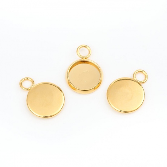 Picture of 304 Stainless Steel Charms Round Gold Plated Cabochon Settings (Fits 8mm Dia.) 12mm x 10mm, 10 PCs