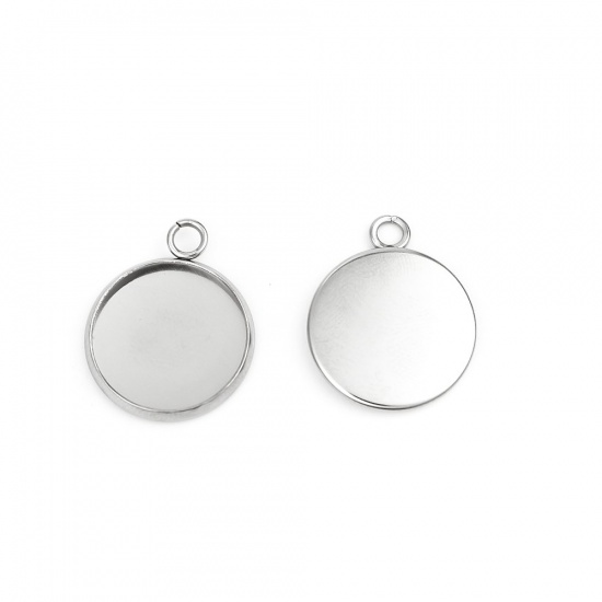 Picture of 304 Stainless Steel Charms Round Silver Tone Cabochon Settings (Fits 14mm Dia.) 20mm x 16mm, 10 PCs