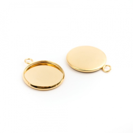 Picture of 304 Stainless Steel Charms Round Gold Plated Cabochon Settings (Fits 16mm Dia.) 22mm x 18mm, 10 PCs