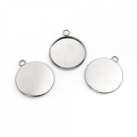 Picture of 304 Stainless Steel Charms Round Silver Tone Cabochon Settings (Fits 18mm Dia.) 23mm x 20mm, 10 PCs