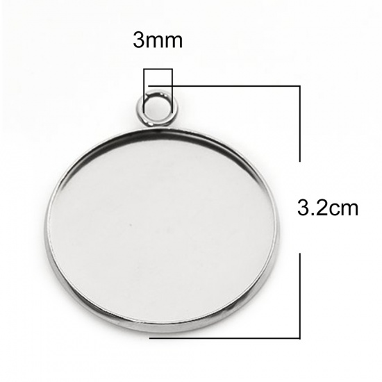 Picture of 304 Stainless Steel Pendants Round Silver Tone Cabochon Settings (Fits 25mm Dia.) 3.2cm x 2.7cm, 10 PCs