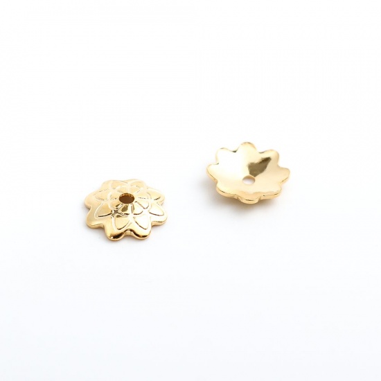 Bild von 304 Edelstahl Perlkappen Blumen Vergoldet Geschnitzte Muster (Für 10mm Perlen) 7mm x 7mm, 10 Stück