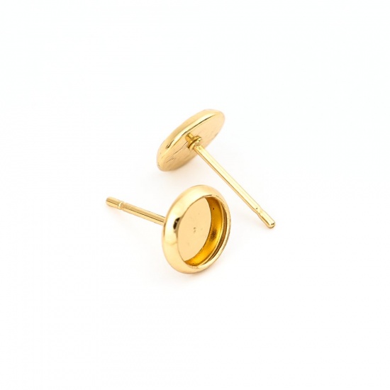 Picture of 304 Stainless Steel Ear Post Stud Earrings Round Gold Plated Cabochon Settings (Fits 6mm Dia.) 8mm Dia., Post/ Wire Size: (20 gauge), 10 PCs