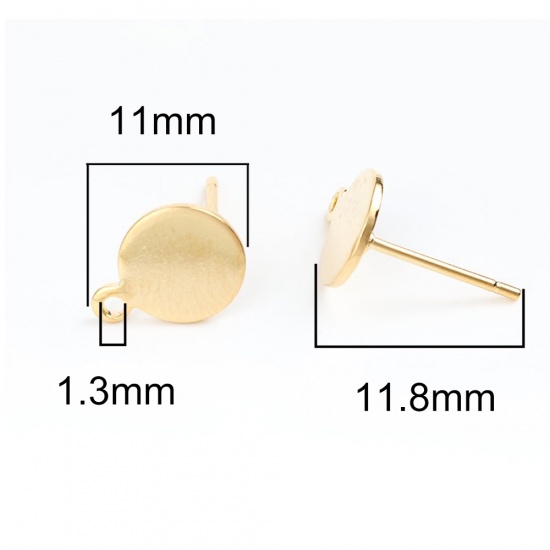 Picture of 304 Stainless Steel Ear Post Stud Earrings Round Gold Plated W/ Loop 11mm x 8mm, Post/ Wire Size: (20 gauge), 10 PCs