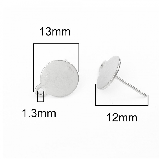 Picture of 304 Stainless Steel Ear Post Stud Earrings Round Silver Tone W/ Loop 13mm x 10mm, Post/ Wire Size: (20 gauge), 10 PCs